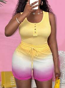 Slaydiva Casual U-Neck Vest Yellow Top Gradient Printed Shorts Tight Women's Plus Two-Piece Set-C