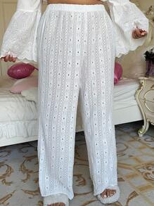 Plus Size Solid Color Simple Neck Casual Long Pants, For Daily Wear And Lounging Fall Cloth For Women - White - View 6