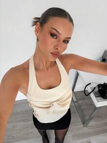 SHEIN Essnce Women's Solid Color Bow Pleated Halter Neck Top,Concert Women / Rave, Graduation,Beach For Woman / Beach Top,Summer - Apricot - View 5