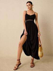 Poéselle Detail Waist And Lace Splicing Swing Cami Dress For Vacation