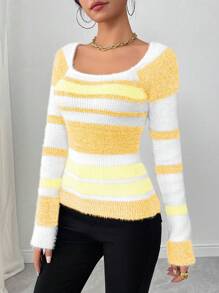 Chiquease Autumn/Winter Casual Contrast Color Stripe Slim Fit Long Sleeve Sweater