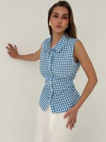 Aloruh Camisa de mujer casual/de trabajo sin mangas a cuadros