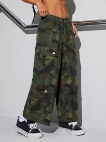 INAWLY Camo Print Cargo Pocket Washed Women's Jeans - Multicolor - View 1