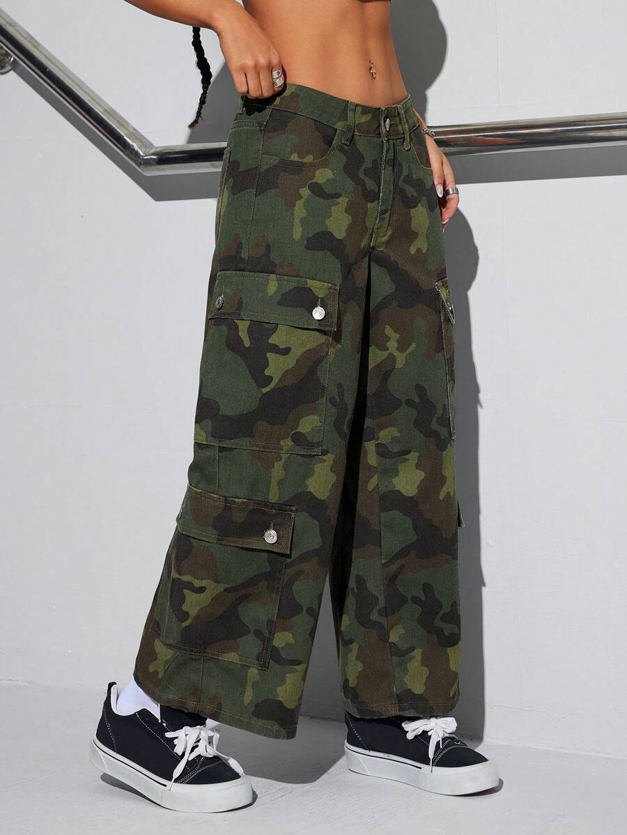 INAWLY Camo Print Cargo Pocket Washed Women's Jeans - Multicolor - View 1