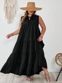 SHEIN CURVE+ Vestido largo talla grande con cuello de corbata, bajo con volantes y mangas acampanadas, estilo bohemio para vacaciones
