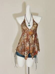 SHEIN ICON 女士春夏外出度假休闲复古印花露背吊带 Y2k V 领西方女士波西米亚风海滩女士嬉皮娃娃上衣 - 彩色 - 查看 8