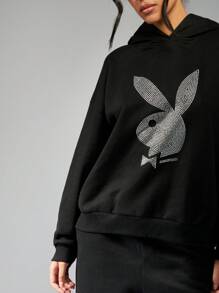Missguided x Playboy Rhinestone Bunny Logo Oversized Hoodie Sweatshirt Designer Collaboration Streetwear Statement Piece Winter Fashion Premium Casual Wear - Black - View 6