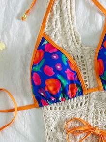 SHEIN Swim Ensembles de bikini pour femmes avec impression aléatoire, à liens au cou et au dos, et liens sur les côtés. Maillots de bain pour vacances à la plage