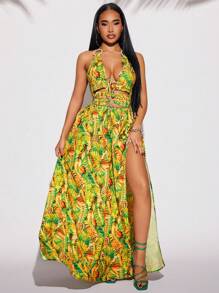 SHEIN SXY Mùa xuân và mùa hè Old Money BOHO Kỳ nghỉ Thanh lịch Thường ngày Mặc hàng ngày với hoa màu vàng xanh lá cây Halter V-cổ xếp li dài Slim-Fit Swing cho phụ nữ Váy - Nhiều màu - Xem 6