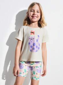THE HAPPY LOOK Ensemble jeune fille d'un t-shirt ample à imprimé chat avec épaules dénudées et un short à imprimé chat tout-sur, style décontracté et mignon
