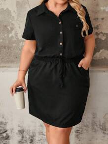 EMERY ROSE Plus Size Women's Army Green Utility Shirt Dress, Elasticated Waist, Half-Open Hem, Short Sleeve, Casual Outgoing Commute Everyday Work Mini Dress - Black - View 1