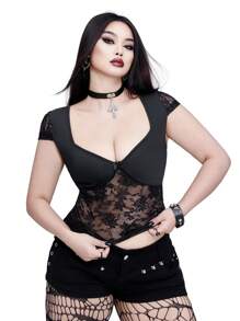 Whyspr Blusa transparente de encaje con escote en V y lazo, talla grande y sensual
