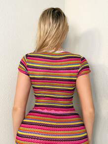 Sweetina Y2K Style Colorful Striped Open T-Shirt For Women, Beach Vacation - Multicolor - View 2