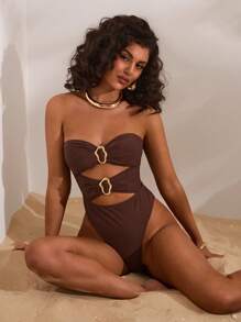 Opulessa 1pc Women Solid Color Knit One Piece Swimsuit, Simple & Fashionable For Casual & Everyday Wear, Summer Beach Vacation - Brown - View 7