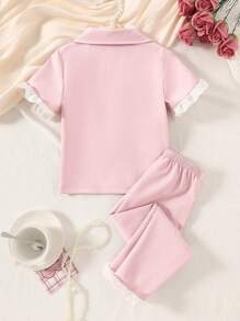 SHEIN Young Girl 2Pcs Set Woven Fabric Crinkle Pink Cardigan With White Ruffle Collar, And White Button Front, Casual Elegant, Long Sleeve & Pants Loungewear Set