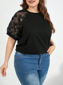 SHEIN Essnce Camiseta sin mangas de mujer talla grande de primavera y verano, estilo casual y holgado, cómoda para el uso diario, con bordado tridimensional y diamantes, atuendos de verano para mujer, ropa de iglesia para mujer, top brillante, blusas para curvas