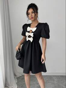 Chiquease Women's Bow Decor Short Puff Sleeve Casual Dress - Black - View 3