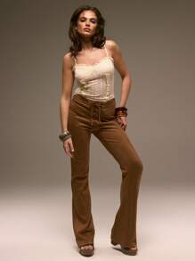 MUSERA Faux Suede Lace Up Flared Trousers Festival Western Ibiza Holiday Club Chic Elegant Summer - Brown - View 1