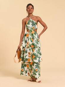 Travachic 女士热带植物印花露背腰镂空连衣裙，适合度假 - 綠色 - 查看 4