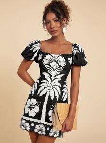 Travachic Black & White Printed Puff Sleeves Mini Dress - Black - View 3