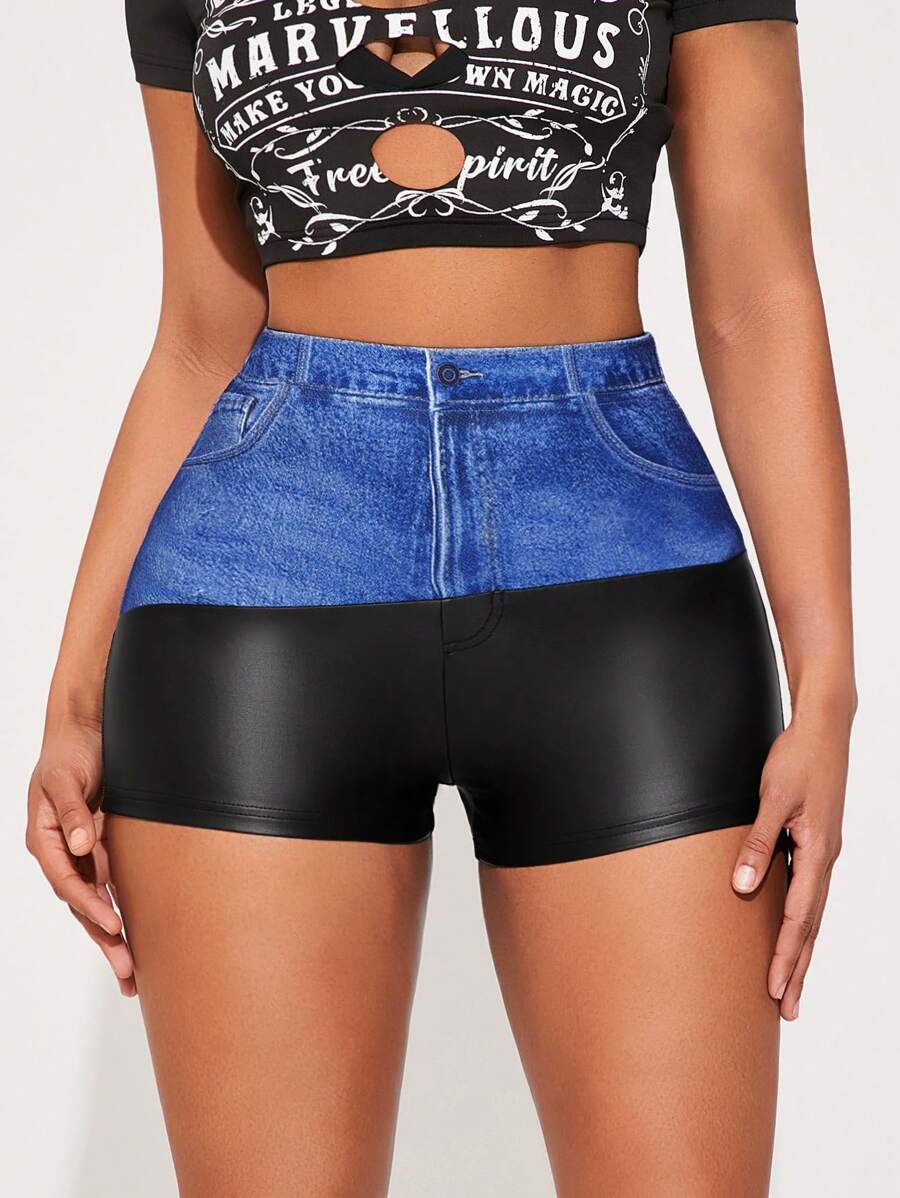 SHEIN SXY Black PU Asymmetrical Patchwork Denim Effect Fitted Shorts, Versatile Bottom For Work Commute/Casual Wear, Spring/Summer - Multicolor - View 1