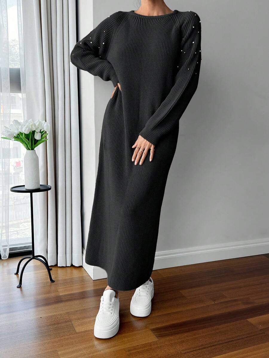 EURMUSE Abito maxi con scollo rotondo, maniche raglan e decorazioni con perline