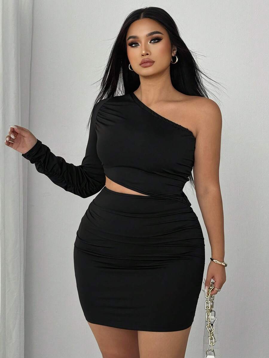 SHEIN Clasi Plus Size Women Ruched Cutout One Shoulder Bodycon Dress Fall Cloth For Women - Black - View 1