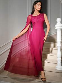 Modelyn Women's Mesh Patchwork 3D Flower Decor Casual Long Dress - Red Violet - View 6