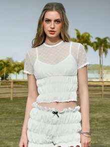 ROMWE Kawaii Camiseta de mujer con cuello redondo sólido, manga corta, cuello alto plisado y diseño lindo