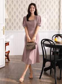 DAZY 纯色方领泡泡袖美人鱼下摆中长款连衣裙，适合女士优雅太阳裙，正式女士连衣裙 - 紫色 - 查看 4