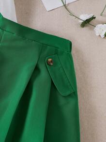 Set de 2 piezas de conjunto informal y lindo para niñas pequeñas, que incluye una blusa de punto de manga corta con cuello redondo y estampado de trébol para la primavera/verano, y una falda plisada de línea A de color liso