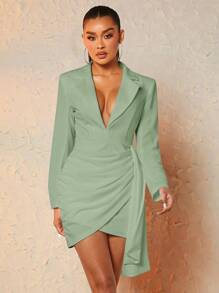 Silquee Vestido corto de mujer con cuello de solapa, manga larga, fruncido, parche y volante en el bajo, color verde salvia - verde menta - Ver 3