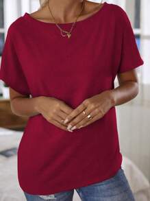 EMERY ROSE Women's Solid Color Asymmetric Neck Short Sleeve Minimalist T-Shirt, Casual Daily Wear - Burgundy - View 3