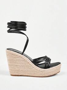Styleloop Sandal cao gót nữ mũi tròn đan rơm quai chéo, giày mùa xuân cho kỳ nghỉ xuân và lễ Phục sinh - màu đen - Xem 2