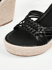 Styleloop Sandal cao gót nữ mũi tròn đan rơm quai chéo, giày mùa xuân cho kỳ nghỉ xuân và lễ Phục sinh - màu đen - Xem 4