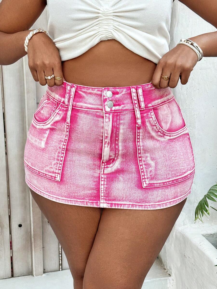 SHEIN EZwear Plus Size Pink Stretchy Bodycon Denim Mini Skirt, Casual Summer,Vacation Woman,Easter,Spring,Western,Office For Women,Rave,Baby Shower Skirt,Cottagecore,Country Women,Old Money Style Women,Going Out, ,Festival,Rodeo,Airport For Women,Kpop,Tropical Vacation Woman,Nashville,European Summer,Concert,Cowgirl,Graduation Beach For Woman,Vacation Women,Beach,Boho Women Cruise Attire Women,Old Money Style Women,Ibiza,Boho Chic - Pink - View 1