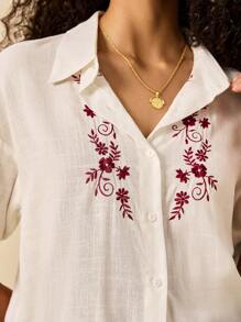 Poéselle 女士简约时尚休闲长袖衬衫，日常穿着 - 白色 - 查看 2