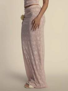 MUSERA Mid Rise Lined Lace Maxi Skirt Only For Summer Vacation Party - Baby Pink - View 3