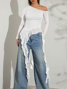 Glamine 浪漫春季不对称水母丝带荷叶边下摆不对称斜肩短袖纯色紧身弹力网眼女式T恤 - 白色 - 查看 6