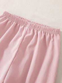 SHEIN Young Girl 2Pcs Set Woven Fabric Crinkle Pink Cardigan With White Ruffle Collar, And White Button Front, Casual Elegant, Long Sleeve & Pants Loungewear Set