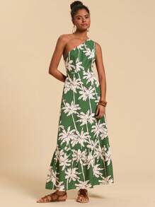 Travachic 女式编织热带棕榈树印花单肩连衣裙 - 綠色 - 查看 7