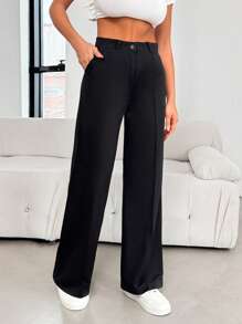 EURMUSE 女士纯色前扣口袋休闲裤，日常穿着