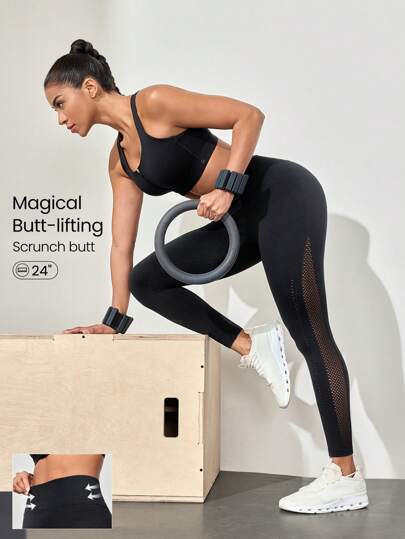 GLOWMODE 24" Floral High-Waist Tummy Control Perforated Mesh Scrunch Leggings Medium Impact Jogging Gym Training Daily