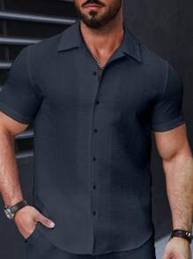 Manfinity CasualCool 男士纯色单排扣短袖休闲/商务衬衫 - 藏蓝色 - 查看 4