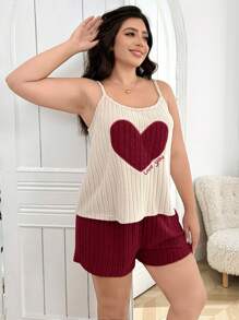 Plus Size Comfortable Textured Knit Heart Embroidery Camisole Top And Shorts Pajamas Set, Outfits - Red - View 3