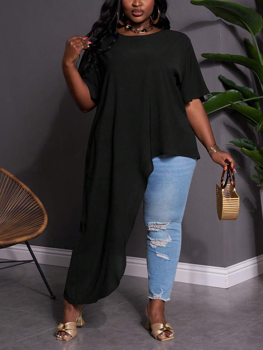 SHEIN CURVE+ 加大码女装时尚不对称下摆衬衫，情人节，玫瑰，心形，波点，爱心，嘴唇，丘比特，3D花朵