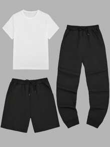 RueChic Men 3pcs Pack Solid Basic Regular T-Shirt & Short & Pants Set - Black and White - View 1