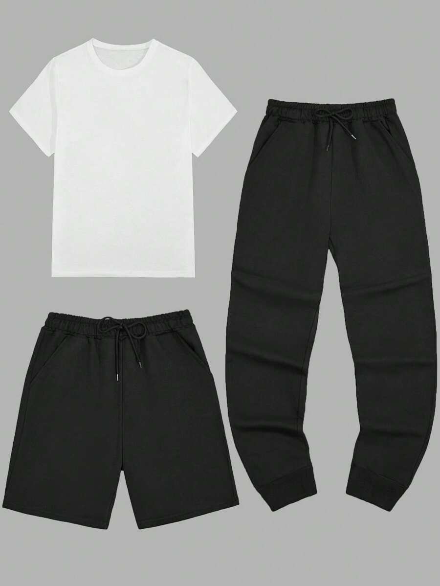 RueChic Men 3pcs Pack Solid Basic Regular T-Shirt & Short & Pants Set - Black and White - View 1