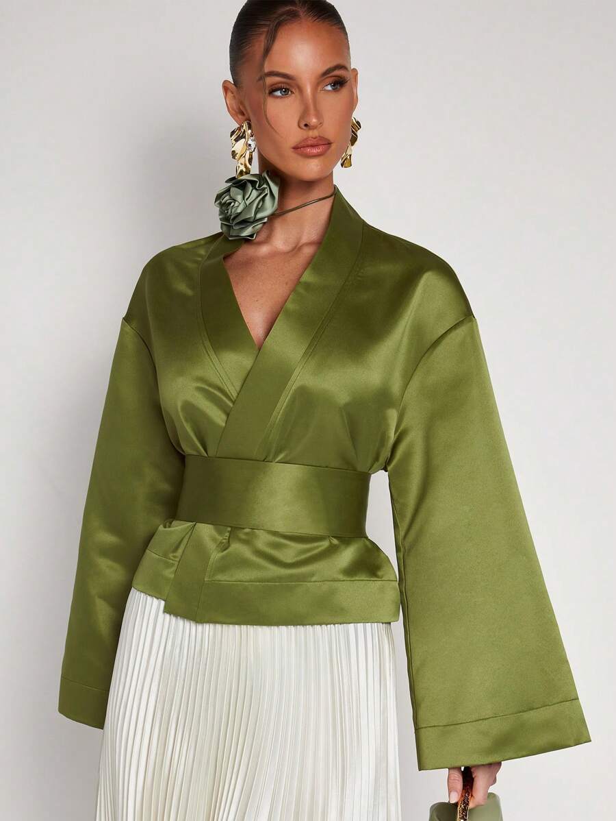 COSMINA Blusa elegante de commute de unicolor con mangas abombadas para mujeres