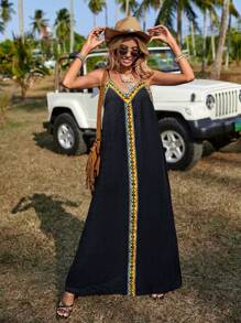 SHEIN LUNE 女士拼布缎带长款休闲吊带连衣裙